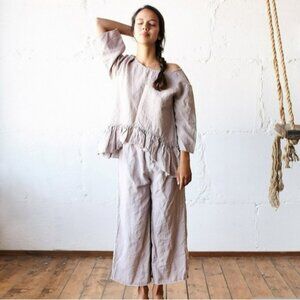 Len Ok Linen Raw Edge Ruffle Pajama Lounge Set